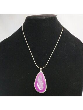 Pink Purple Agate Slice Pendant Necklace Silver Tone Chain 20 Inch